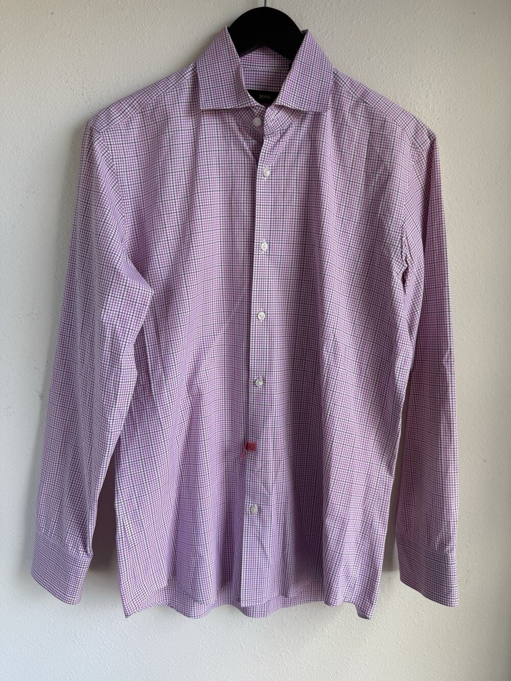 Hugo Boss Men's Regular Fit Lavender Check Dress Shirt Size 39 15 1/2